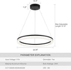 Modern Black Led Pendant Light,24W Dimmable LED Chandelier Lighting Fixture, 1 Ring Circular Hanging Led Pendant Lighting for Living Room Dining Room Kitchen Island Foyer Office