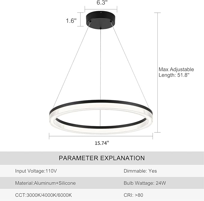 Modern Black Led Pendant Light,24W Dimmable LED Chandelier Lighting Fixture, 1 Ring Circular Hanging Led Pendant Lighting for Living Room Dining Room Kitchen Island Foyer Office