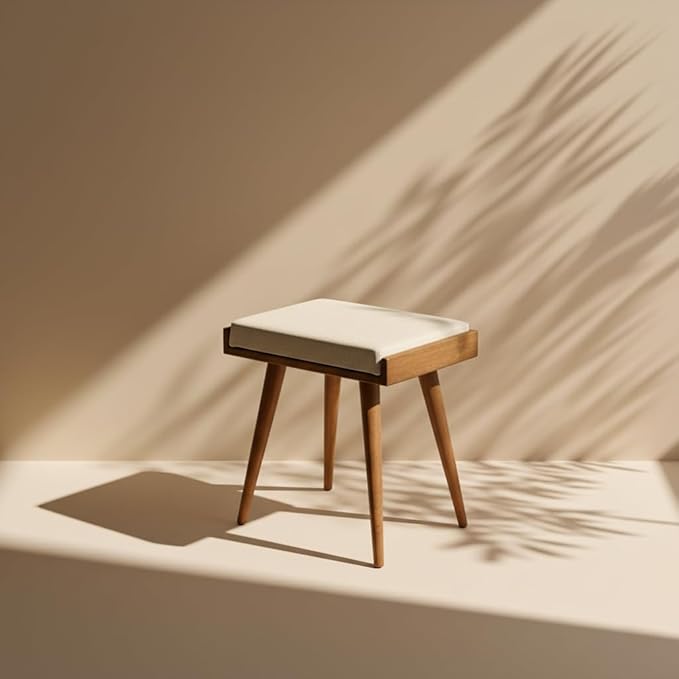 Walnut Ottoman Stool for Living Room | Upholstered in Cream Pattern Fabric | Versatile as a Piano Bench | Ideal Bedroom Bench | Functional Footstool Bench