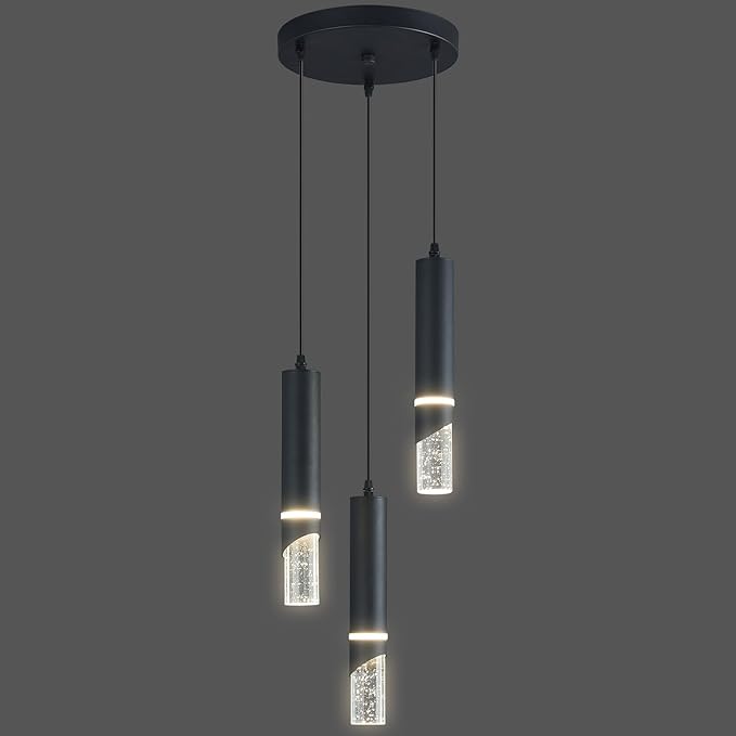 Modern Dimmable Led Pendant Lights Kitchen Island, Ideal for Living Room, Bedroom,Sink 18w LED Crystal Energy-Saving Hanging Lamp for Cozy Lighting (Black 3 Light)