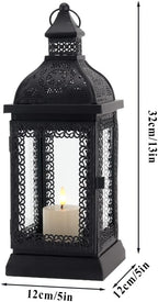 TRIROCKS Rustic Style Metal Candle Lantern 13'' High Decorative Outdoor Lantern Candle Holder with Tempered Glass for Christmas Living Room Garden Patio Parties Indoors Outdoors (Black)