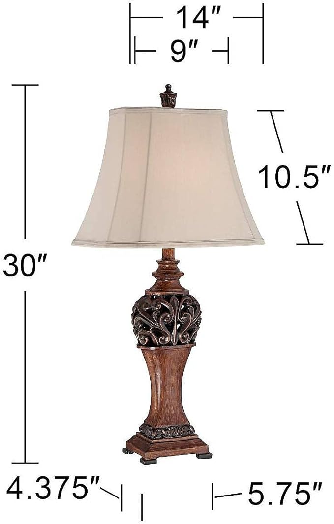 Regency Hill Exeter Traditional Style Table Lamps 30" Tall Full Size Set of 2 Bronze Wood Carved Leaf Creme Rectangular Bell Shade Decor for Living Room Bedroom House Bedside Nightstand Office