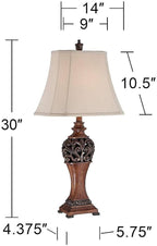 Regency Hill Exeter Traditional Style Table Lamps 30" Tall Full Size Set of 2 Bronze Wood Carved Leaf Creme Rectangular Bell Shade Decor for Living Room Bedroom House Bedside Nightstand Office