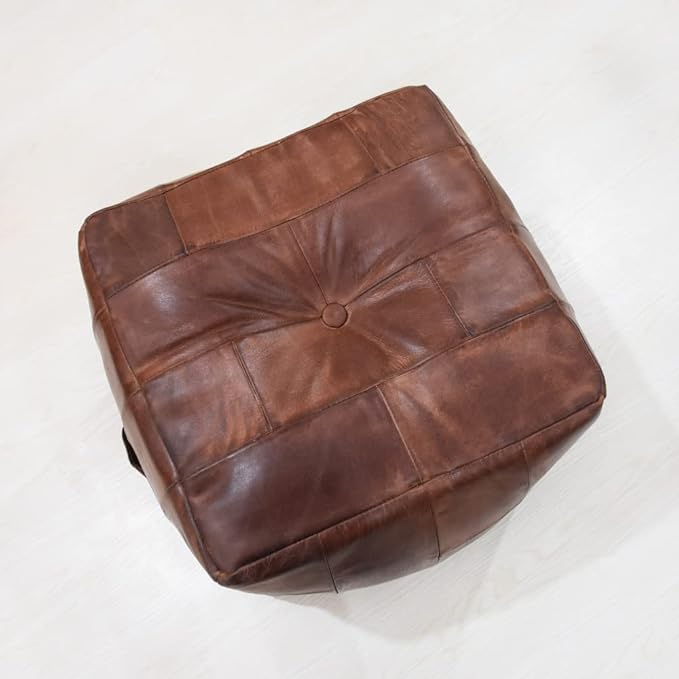 Square Shaped Buffalo Leather Handmade Eco-Friendly Brown Pouf - Square Pouf, 18"x18"x18", Plain Solid Pouf, Buffalo Leather Pouf, Recycled foam with fibre Filled Stuffed Pouf, Seating Pouf PF25