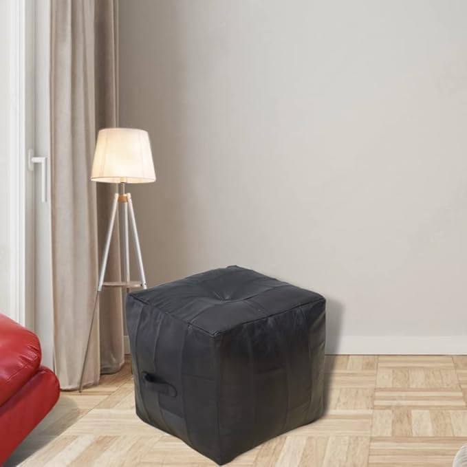 Square Shaped Buffalo Leather Handmade Eco-Friendly Black Pouf - Square Pouf, 18" x 18" x 18", Geometric Pouf, Buffalo Leather Pouf, Recycled Foam with Fibre Fill Stuffed Pouf, Seating Pouf PF25