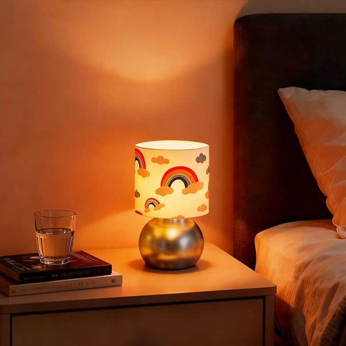 Set of 2 Silver Small Bedside Table Lamps with Rainbow Cloud Pattern Shades (Bulb Included)