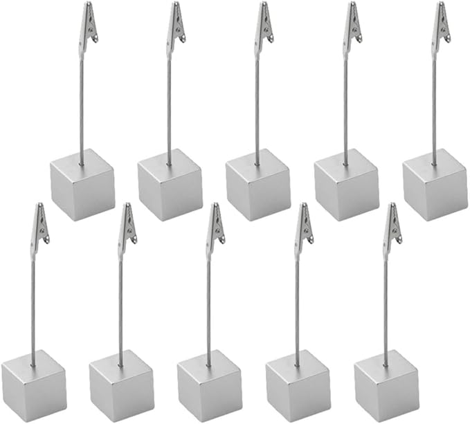 10Pcs Cube Base Memo Clip Holder Stand with Alligator Clip Clasp for Displaying Pictures Number Menu Name Card Holder (Silver)