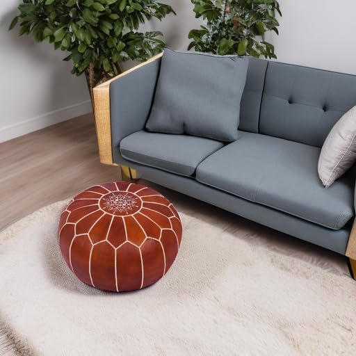 Marrakesh Gallery Genuine Leather Round Pouf Cover - Handmade Moroccan Ottoman Footstool, Unstuffed Footrest - Boho Decor - Bohemian Living Room, Bedroom, Kids Room - Housewarming Gift & Wedding