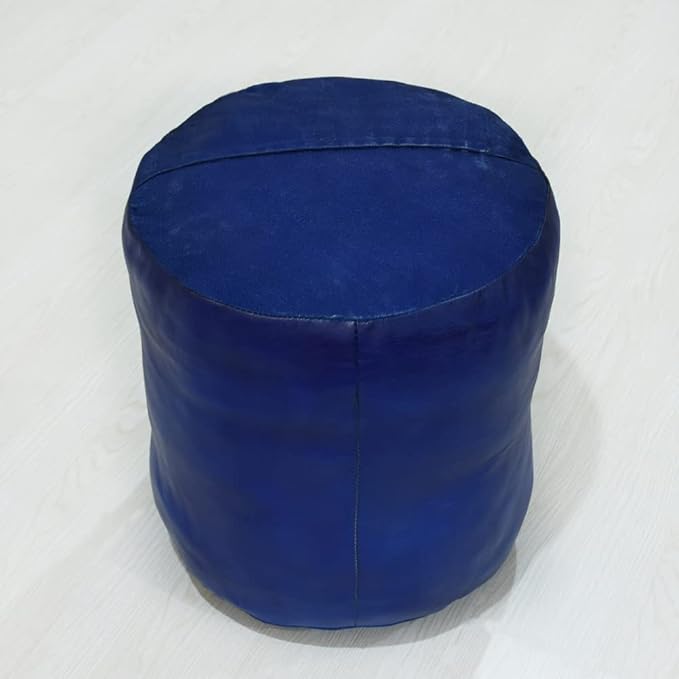 Round Shaped Goat Leather Handmade Eco-Friendly Blue Pouf - 16" x 16" x 16", Plain Solid, Recycled Foam With Fibre Fill Stuffed, Leather Seating PF12