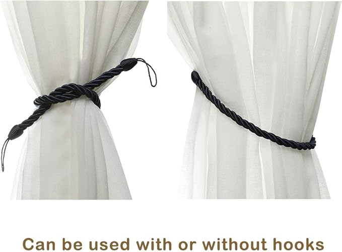 BEL AVENIR Curtain Ropes Tiebacks Tie-Backs Curtain Handmade Holdbacks with 2 Metal Screw Hooks (Navy, 2pack)