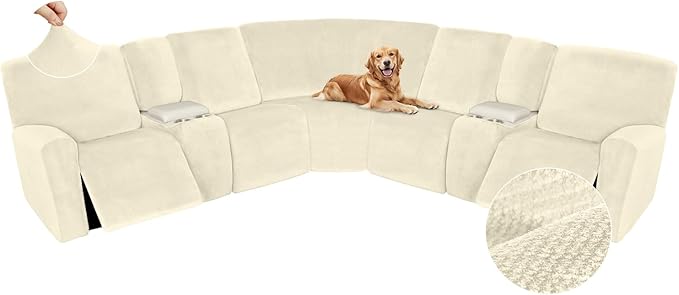 Arfntevss Sectional Recliner Couch Covers Velvet Washable Corner Sectional Sofa Cover for Reclining Couch Stretch Soft Thick L Shape Recliner Slipcover Set (5 Seat with 2 Console Cover, Beige)