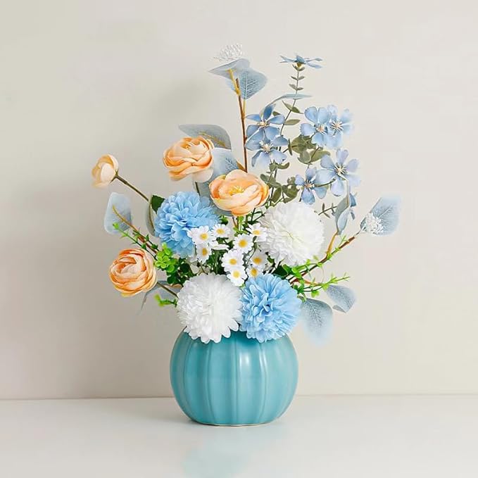 Artificial Flowers, Fake Flowers in Vase, Silk Flowers with Ceramic Vase, Faux Flowers Arrangement for Homes, Restaurants Decoration Dining Table Centerpiece Decor (Blue)