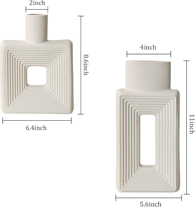 White Ceramic Vase Set of 2，Square Vase Rustic Home Decor Minimalist Nordic Boho Style for Living Room, Shelf, Table, Bookshelf, Mantel and Entryway Decor Vases