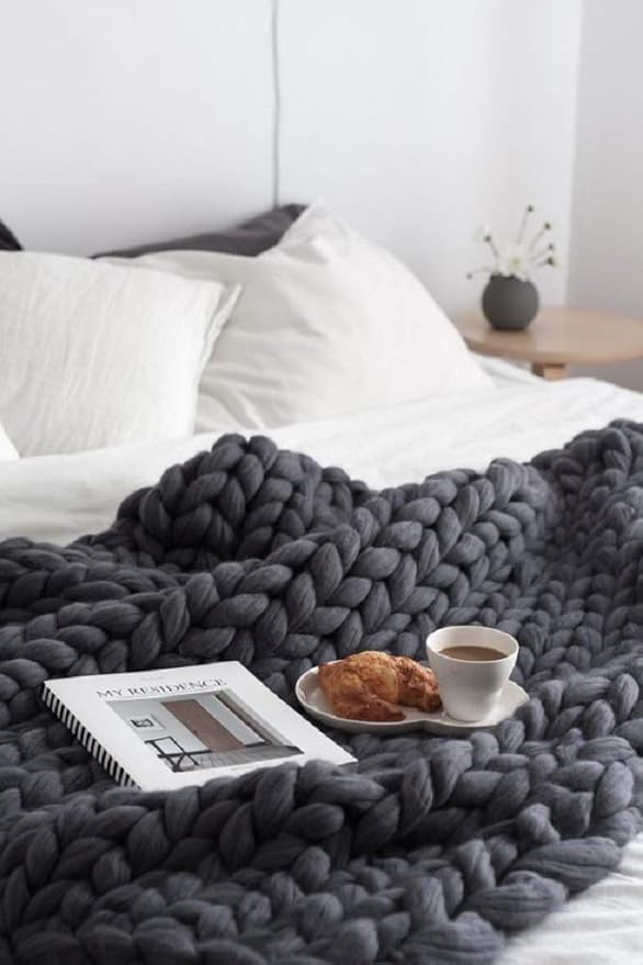 Chunky Knit Throw Bulky Merino Sofa Blanket Hand-Made Super Large Chair Mat Rug(Dark Gray 40"x60")