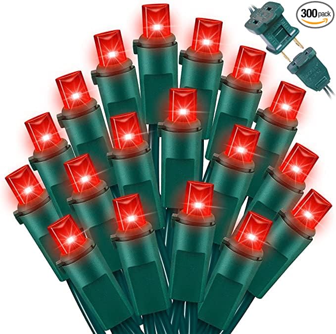 Red Wide Angle LED Christmas Lights, 64.8 Ft 300 Count, Pack of 3 Strands 21.9 Ft 100 Lights UL Certified Commercial Grade Green Wire 5mm Holiday String Light
