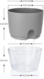 Vanavazon 6 Inch Self Watering Planter Pots for Indoor Plants, 3 Pack African Violet Pots with Wick Rope-Grey