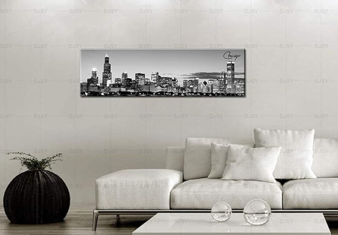 DJSYLIFE Chicago Skyline Wall Art - Black and White Modern Panoramic Cityscape Night View Picture Painting Bedroom Office Living Room Kitchen Home Decoration - Ready to Hang 13.8 "x 47.3" - Chicago 2