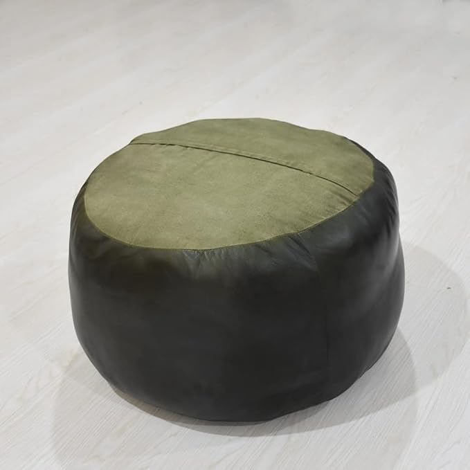 PF12 Goat Leather Handmade Eco-Friendly Green Pouf - Round Shape, 14" x 14" x 14", Plain Solid, Recycled Cotton Filled