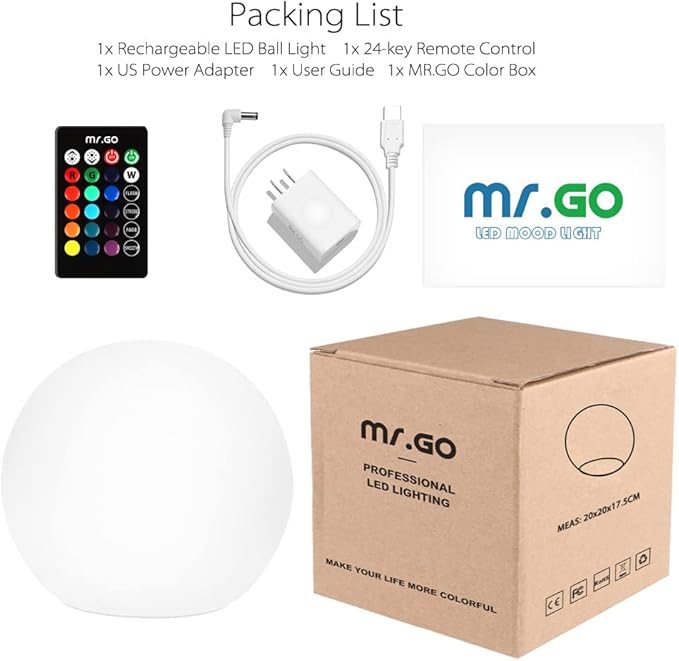 Mr.Go 8-inch Ultra-Fun LED Glowing Ball Light w/Remote, RGB Color Changing Globe Mood Lamp, 16 Colors 8 Brightness 4 Lighting Modes, Waterproof, Rechargeable & AC Adapter Power, Stunning Light Orb