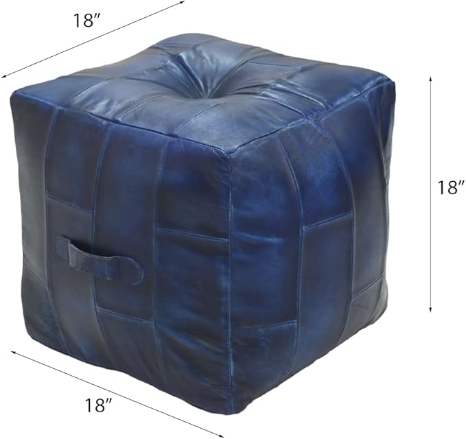Square Shaped Buffalo Leather Handmade Eco-Friendly Vintage Blue Pouf-Square Pouf, 18"x18"x18", Geometric Pouf, Buffalo Leather Pouf, Recycled Foam with Fibre Fill Stuffed Pouf, Leather Pouf PF25