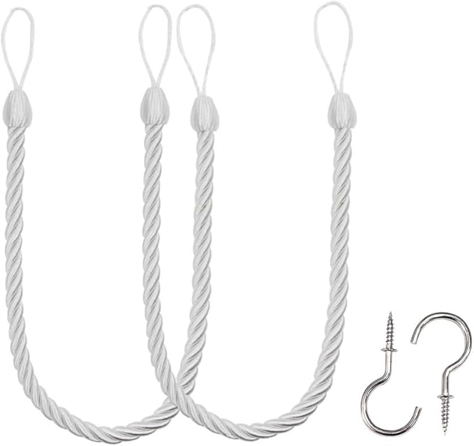 BEL AVENIR Curtain Ropes Tiebacks Tie-Backs, Curtain Handmade Holdbacks with 2 Metal Screw Hooks - White 2 Pack