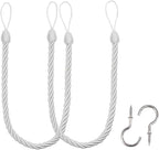 BEL AVENIR Curtain Ropes Tiebacks Tie-Backs, Curtain Handmade Holdbacks with 2 Metal Screw Hooks - White 2 Pack