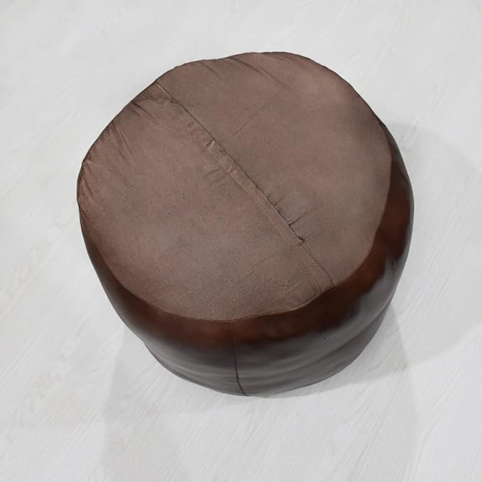 Round Shaped Goat Leather Handmade Eco-Friendly Brown Pouf - 18" x 18" x 18", Plain Solid, Recycled Cotton Filled Stuffed Leather Seating PF12