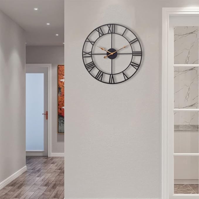 Large Industrial Wall Clock with Roman Numerals, Indoor Silent Non-Ticking Retro Clock, Vintage Metal Decorative Black Metal Art Clock Battery Operated for Home Kitchen Cafe Hotel Office Decor,1