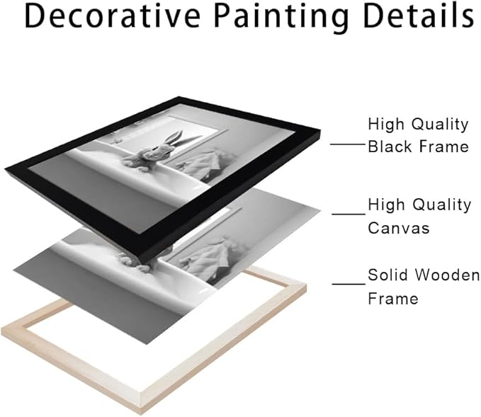 Funny Kids Bathroom Wall Decor, Black and White Cute Animal Canvas Wall Art, Black Framed Rabbit in Bathtub Farmhouse Picture Wall Decor Print Artworks for Bathroom