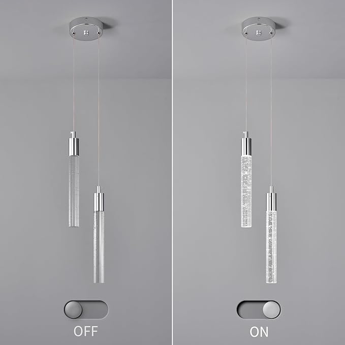 Modern Light Fixture Kitchen Island Pendant Light Dimmable LED Chrome Pendant Lights Mini Crystal Pendant Lighting for Bedroom Dining Room Living Room（2-Light ）