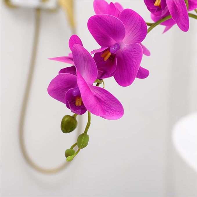 Artificial Real Touch Phalaenopsis Orchid Flowers Arrangement in Silver Ceramic Pot for Home Decor Centerpieces, Purple Red