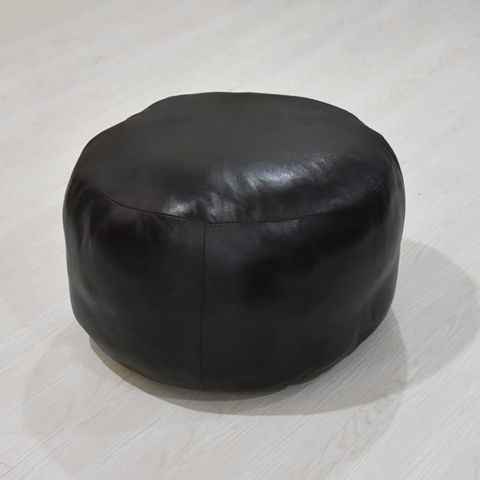 PF12 Goat Leather Handmade Eco-Friendly Green Pouf - Round Shape, 14" x 14" x 14", Plain Solid, Recycled Cotton Filled