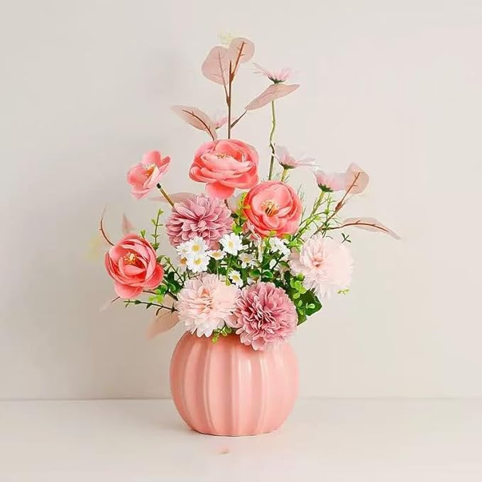 Artificial Flowers, Fake Flowers in Vase, Silk Flowers with Ceramic Vase, Faux Flowers Arrangement for Homes, Restaurants Decoration Dining Table Centerpiece Decor (Pink)