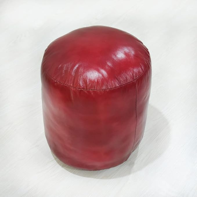 Round Shaped Goat Leather Handmade Eco-Friendly Dark Pink Pouf - Round Pouf, 14" x 14"x 14", Plain Solid Pouf, Goat Leather Pouf, Recycled Foam with Fibre Fill Stuffed Pouf, Leather Pouf PF12