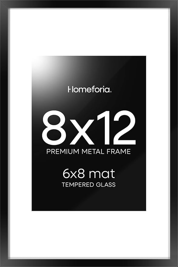 Homeforia 8x12 Picture Frame Black, High End Metal 8 x 12 Poster Frames with Mat 6 by 8 for Photo, 12x8 Frame Matted to 6x8 inch Print, 8by12 Wall or Tabletop Frame, Tempered Glass, Wall Kit, Set of 1