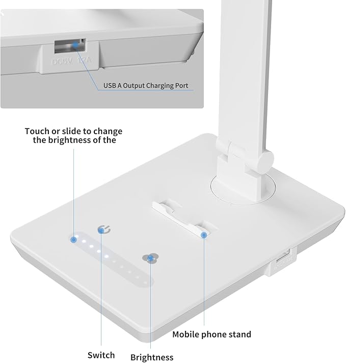 Desk Lamp with USB Charging Port, 14W 900LM Dimmable Eye-Caring Reading LED Desk Light for 9 Brightness Slide Touch & 5 Color Temperature Modes, Home Office Desktop Lamp, Small Study Lamp, White