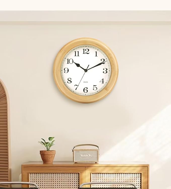 Kesin Wooden Wall Clocks 14 Inch Silent Wall Clock Large Decorative Battery Operated Non Ticking Analog Modern Clock for Living Room Kitchen Bedroom, Natural Grain