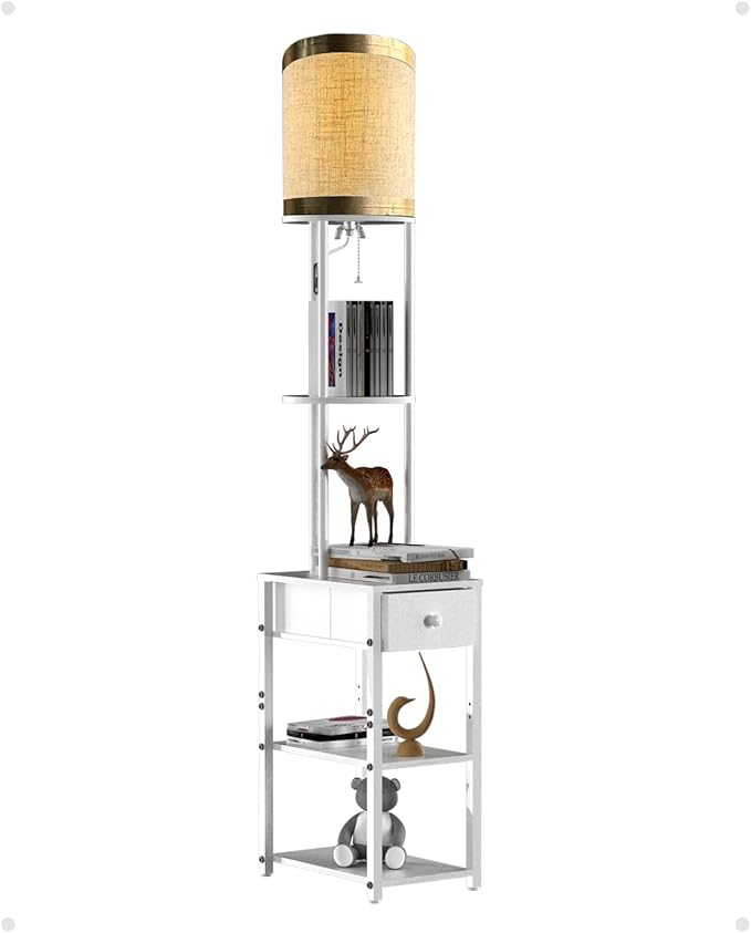 Lightdot 65IN Floor Lamps with Storage Table&Drawer, Corner Shelf Lamps with White End Table and Fabric Lampshade, Modern Standing Tall Lamp for Living Room/Bedroom/Office(E26 LED Bulb Included)
