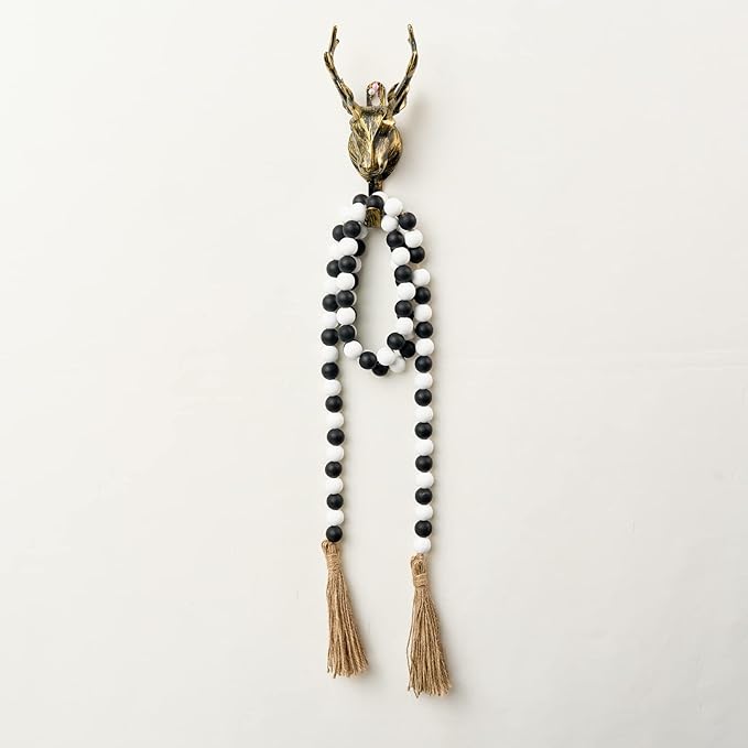 OMISHE 59in Wood Bead Garland with Tassels, Wooden Decorative Beads for Wall and Tabletop, Farmhouse Beads Garland for Home Decor, Black and White