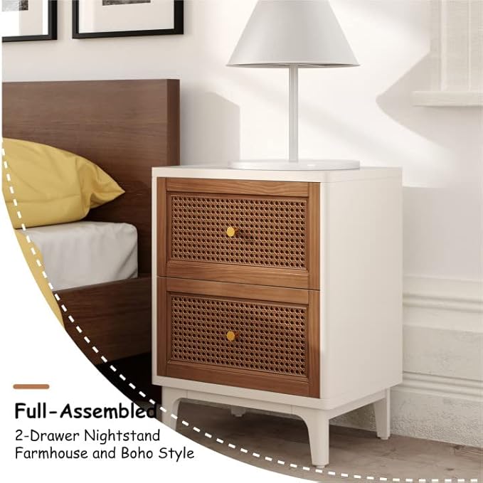COZAYH Fully-Assembled 2-Drawer Woven Cane Front Accent Nightstand with Brass Knobs, Distressed White
