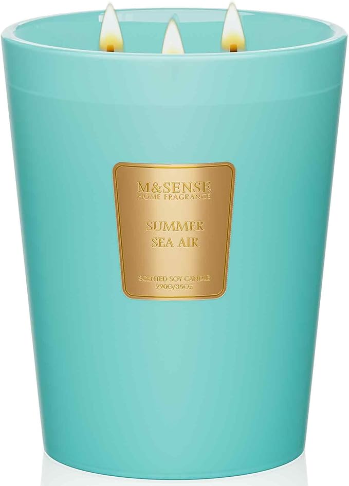 M&SENSE Summer Sea Air Scented Candle, 35 OZ Extra Large 3 Wick Natural Soy Wax Candles 150 Hours Long Lasting Slow Burning, Candles Gift for Spring Home Decor