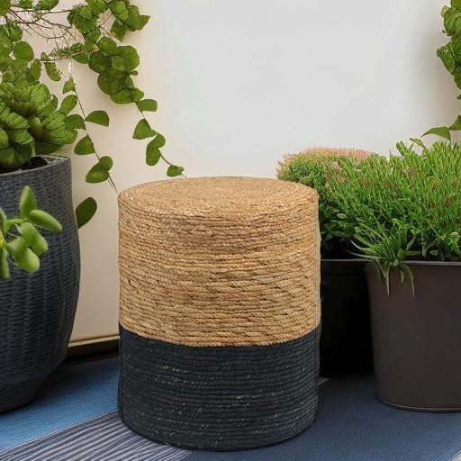 Wimarsbon Natural Seagrass Foot Stool, Hand Weaving Round Ottoman, for Living Room, Outdoor Seat (Natural & Black)