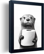 Framed Animal Bathroom Wall Art, Funny Bathroom Wall Decor, Toilet Paper in Raccoon's Hand, Black and White Canvas Print Picture Artwork for Hme