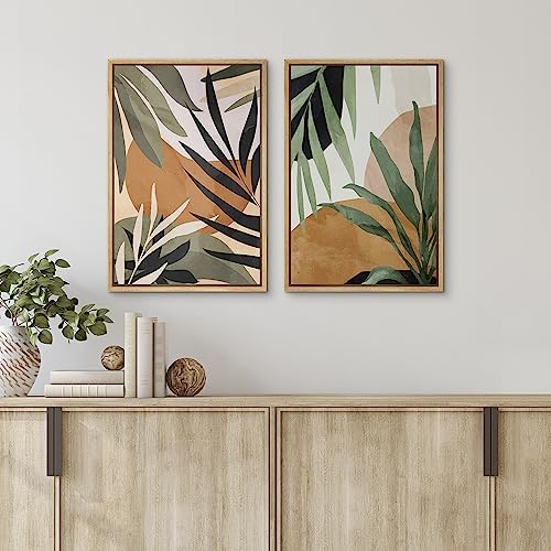 SIGNFORD Framed Canvas Print Wall Art Set Tropical Island Palm Leaf Geometric Collage Abstract Nature Illustrations Modern Art Decorative Minimalist Floral Botanical for Bedroom - 24"x36"x2 Natural