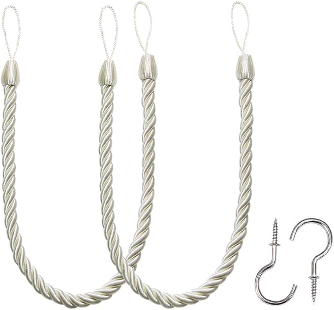 BEL AVENIR Curtain Tiebacks Ropes Tie-Backs, Handmade Curtain Holdbacks with 2 Metal Screw Hooks (Cream, 2pack)
