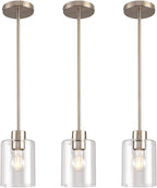 Brushed Nickel Pendant Lights Kitchen Island - Clear Glass Pendant Light Fixture Multiple Stems Rods 3 Units 12 Inch 3 Units 4 Inch (3 Pack Brushed Nickel)