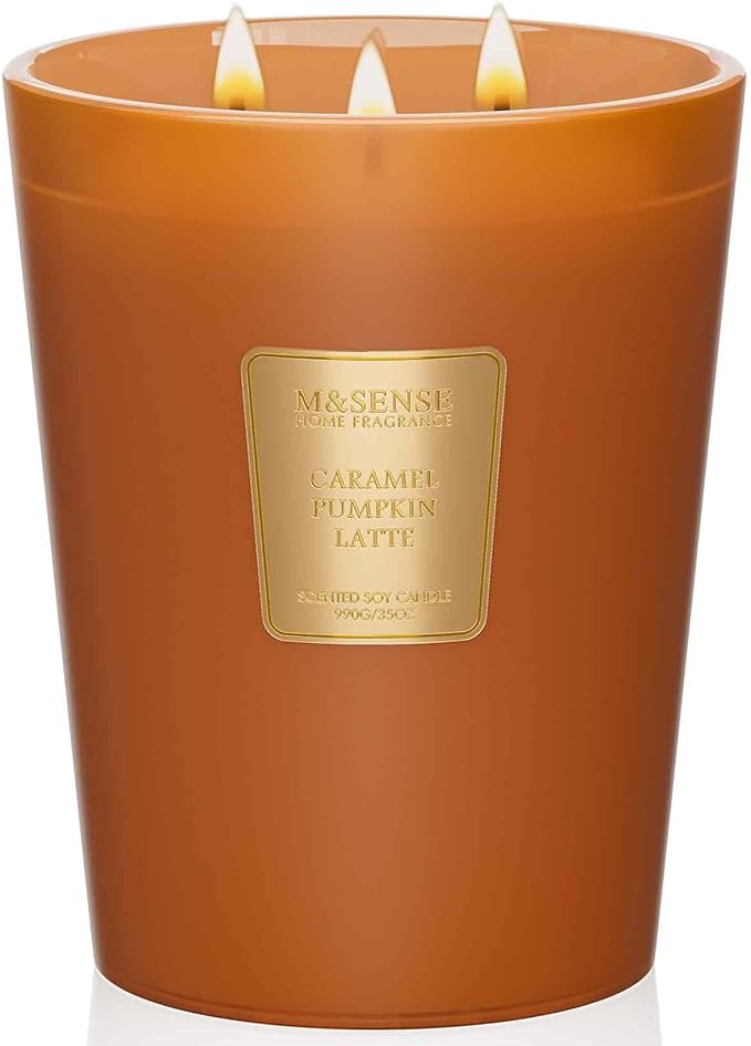 M&SENSE Large Candles Caramel Pumpkin Latte Scented, 3 Wick Natural Soy Candles for Home Scented, 150H Long Lasting Slow Burn Jar Candle 35oz, No Toxic Aromatherapy Candle for Stress Relief