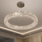 Dia 32" Ring Crystal Chandelier Modern Silver Ring Chandelier Adjustable Height Luxury Crystal Pendant Ceiling Light Fixture for Dining Living Room Bedroom