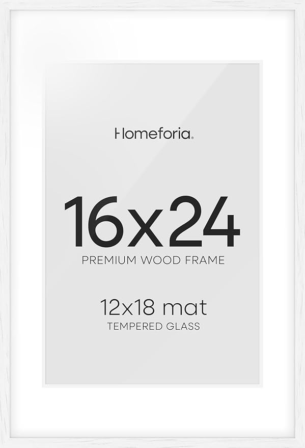 Homeforia White Picture Frame 16x24, High End Oak White 16x24 Frame with Mat 12x18 Photo, 16 x 24 Wooden Poster Frames Matted to 12 by 18, 24x16 Wood Hanging Frames, Tempered Glass, Wall Kit, Set of 1