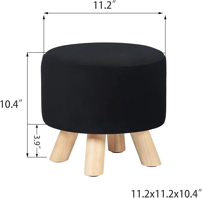 Asense Small Round Ottoman Foot Rest Stool Fabric Padded Seat Footstool Ottoman with Anti-Slip Wooden Legs (Black,Fabric)